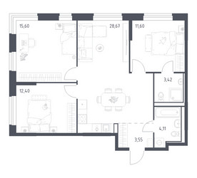 Планировка трехкомнатной(квартира) площадью 79.35 квадратных метров в ЖК “ЖК Квартал Ивакино”
