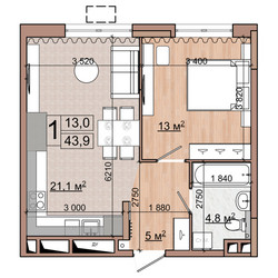 Планировка однокомнатной(квартира) площадью 43.9 квадратных метров в ЖК “ЖК Гранд Комфорт”