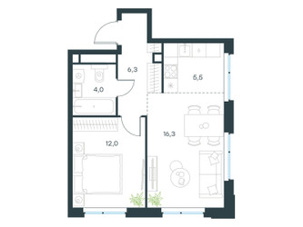 Планировка двухкомнатной(квартира) площадью 44.1 квадратных метров в ЖК “ЖК Левел Мичуринский”
