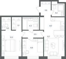 Планировка трехкомнатной(квартира) площадью 62.6 квадратных метров в “ЖК Равновесие”