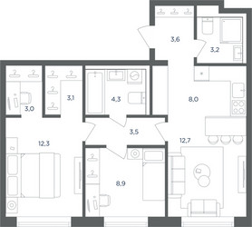 Планировка трехкомнатной(квартира) площадью 62.6 квадратных метров в ЖК “ЖК Равновесие”