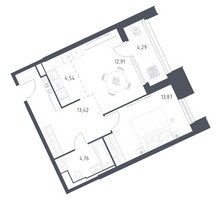 Планировка однокомнатной(апартаменты) площадью 53.79 квадратных метров в “ЖК Скай Спутник”
