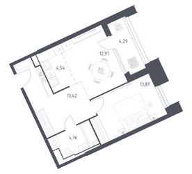 Планировка однокомнатной(апартаменты) площадью 53.79 квадратных метров в ЖК “ЖК Скай Спутник”