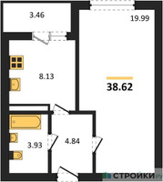Планировка однокомнатной(квартира) площадью 38.62 квадратных метров в “ЖК Домодедово Парк”