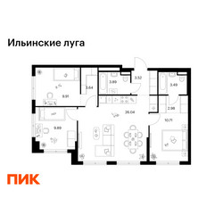 Планировка трехкомнатной(квартира) площадью 74.07 квадратных метров в ЖК “ЖК Ильинские луга”