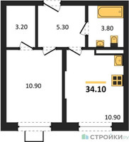 Планировка однокомнатной(квартира) площадью 34.1 квадратных метров в “ЖК Видный берег 2”