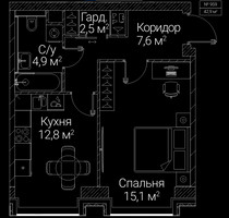 Планировка однокомнатной(квартира) площадью 42.9 квадратных метров в “ЖК СЕЗАР БУДУЩЕЕ”