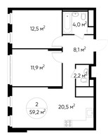 Планировка двухкомнатной(квартира) площадью 59.2 квадратных метров в “ЖК Переделкино Ближнее”