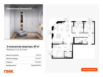 Планировка трехкомнатной(квартира) площадью 87 квадратных метров в ЖК “ЖК Кавказский бульвар 51”