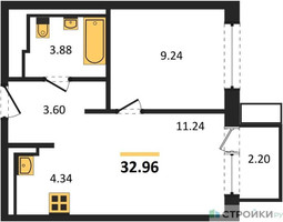 Планировка однокомнатной(квартира) площадью 32.96 квадратных метров в “ЖК Прибрежный Парк”