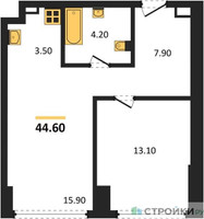 Планировка однокомнатной(квартира) площадью 44.6 квадратных метров в “ЖК River Park Кутузовский (Ривер Парк Тауэрс)”