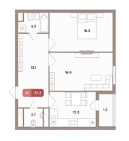 Планировка двухкомнатной(квартира) площадью 67.2 квадратных метров в “ЖК Проспект 39”