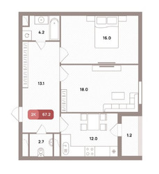 Планировка двухкомнатной(квартира) площадью 67.2 квадратных метров в ЖК “ЖК Проспект 39”