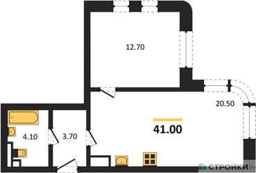 Планировка однокомнатной(квартира) площадью 41 квадратных метров в ЖК “ЖК МАРК”