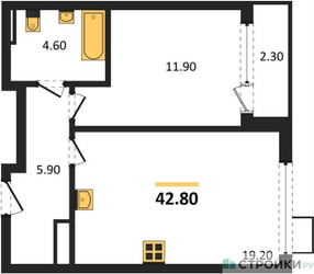 Планировка однокомнатной(квартира) площадью 42.8 квадратных метров в ЖК “ЖК Деснаречье”