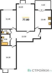 Планировка трехкомнатной(квартира) площадью 77.8 квадратных метров в ЖК “ЖК 1-й Ленинградский (Первый Ленинградский)”