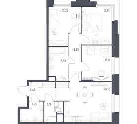 Планировка трехкомнатной(апартаменты) площадью 73 квадратных метров в ЖК “ЖК Апарт-отель Тропарево парк”