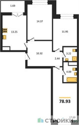 Планировка трехкомнатной(квартира) площадью 78.93 квадратных метров в ЖК “ЖК Sezar City (Сезар Сити)”