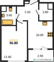 Планировка однокомнатной(квартира) площадью 36.8 квадратных метров в “ЖК Sydney City (Сидней Сити)”