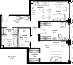 Планировка двухкомнатной(квартира) площадью 69.92 квадратных метров в ЖК “Дом премиум-класса МИРА”