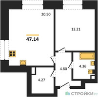 Планировка однокомнатной(квартира) площадью 47.14 квадратных метров в “ЖК Sezar City (Сезар Сити)”