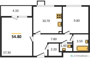 Планировка двухкомнатной(квартира) площадью 54.8 квадратных метров в “ЖК Первый Лермонтовский”