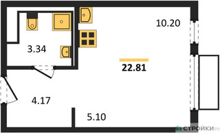 Планировка студии(квартира) площадью 22.81 квадратных метров в “ЖК Пригород Лесное”