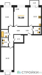 Планировка трехкомнатной(квартира) площадью 78.89 квадратных метров в “ЖК Новое Видное”