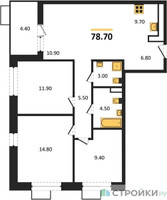 Планировка трехкомнатной(квартира) площадью 78.7 квадратных метров в “ЖК Бунинские кварталы”