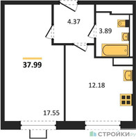 Планировка однокомнатной(квартира) площадью 37.99 квадратных метров в “ЖК Прибрежный Парк”