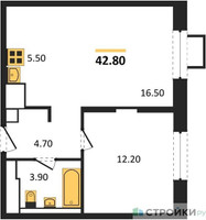 Планировка однокомнатной(квартира) площадью 42.8 квадратных метров в “ЖК Мытищи Парк”