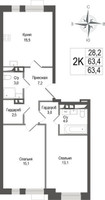 Планировка двухкомнатной(квартира) площадью 63.4 квадратных метров в “ЖК КИНОКВАРТАЛ”