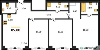 Планировка трехкомнатной(квартира) площадью 85.8 квадратных метров в “ЖК АУРА”