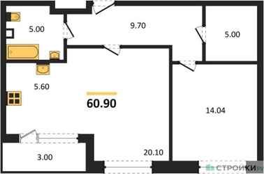 Планировка однокомнатной(квартира) площадью 60.9 квадратных метров в ЖК “Квартал Филатов луг”