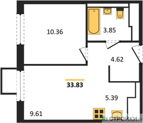 Планировка однокомнатной(квартира) площадью 33.83 квадратных метров в ЖК “ЖК Горки Парк”