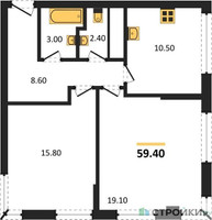 Планировка двухкомнатной(квартира) площадью 59.8 квадратных метров в “ЖК VERY на Миклухо-Маклая (Вери на Миклухо-Маклая)”