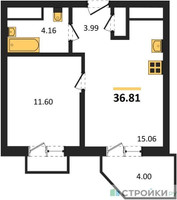 Планировка однокомнатной(квартира) площадью 36.81 квадратных метров в “ЖК ВОСТОК II”