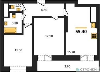 Планировка двухкомнатной(квартира) площадью 55.4 квадратных метров в ЖК “ЖК Рассказово”