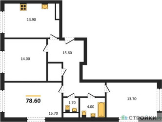 Планировка трехкомнатной(квартира) площадью 78.6 квадратных метров в ЖК “ЖК Сиреневый парк”