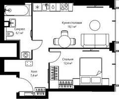 Планировка однокомнатной(квартира) площадью 44 квадратных метров в “ЖК Веер”