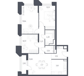 Планировка трехкомнатной(апартаменты) площадью 83.39 квадратных метров в ЖК “ЖК Скай Спутник”