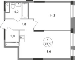 Планировка однокомнатной(квартира) площадью 43 квадратных метров в “ЖК Первый Московский”