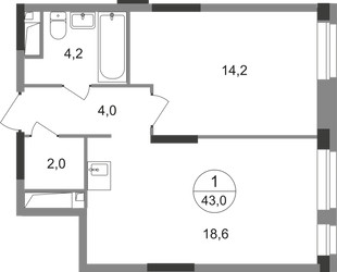 Планировка однокомнатной(квартира) площадью 43 квадратных метров в ЖК “ЖК Первый Московский”