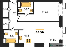 Планировка однокомнатной(апартаменты) площадью 44.56 квадратных метров в “ЖК N’ICE LOFT (Найс Лофт)”