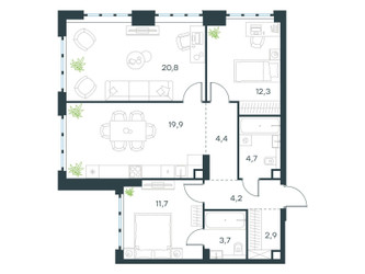 Планировка трехкомнатной(квартира) площадью 84.6 квадратных метров в ЖК “ЖК Level Южнопортовая”