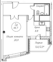Планировка однокомнатной(квартира) площадью 44.7 квадратных метров в “ЖК Дом на Баковке”