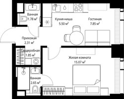 Планировка однокомнатной(квартира) площадью 37.01 квадратных метров в “ЖК Веер”