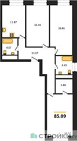 Планировка трехкомнатной(квартира) площадью 85.09 квадратных метров в “ЖК Городские Истории”