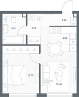Планировка однокомнатной(квартира) площадью 42.81 квадратных метров в “ЖК TATE (Тэйт)”