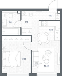 Планировка однокомнатной(квартира) площадью 42.81 квадратных метров в ЖК “ЖК TATE (Тэйт)”